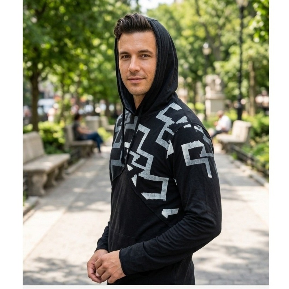 Desigual Man Black Graphic Print Long Sleeve Pullover Hoodie Mens XL RARE